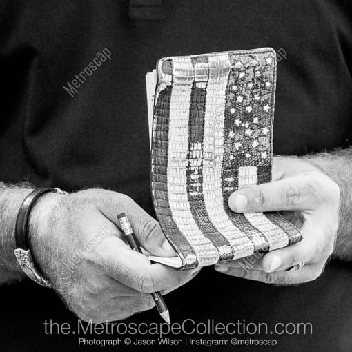 Matte Black WOOD Framed Black and White Golf Photograph: A USA Flag Yardage Book in a Square Matte Black Wood Frame