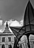 Vertical The Red Stegosaurus in the Main Street Historical District black and white Photos