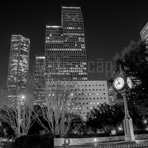Downtown Houston and Sweeney Clock -- Houston Black and White Photography