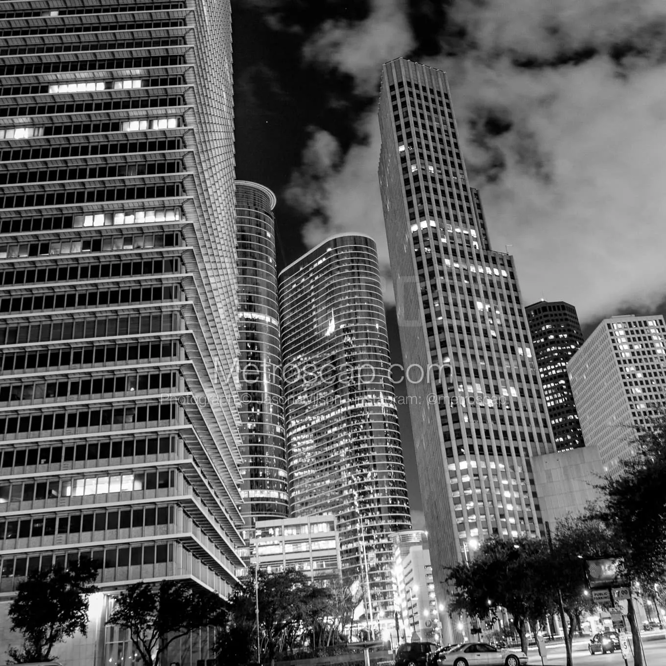 Houston Photography Black and White Downtown Houston Buildings at Night