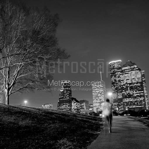 The Houston Cityscape from Buffalo Bayou -- Houston Black and White Photography