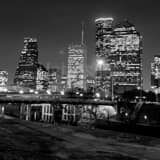 Square The Houston Skyline from Buffalo Bayou landscape black and white Photography