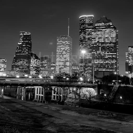 The Houston Skyline from Buffalo Bayou -- Houston Black and White Photography