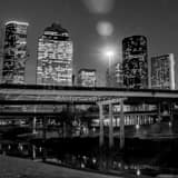 Square The Houston Skyline over Buffalo Bayou landscape black and white Photography