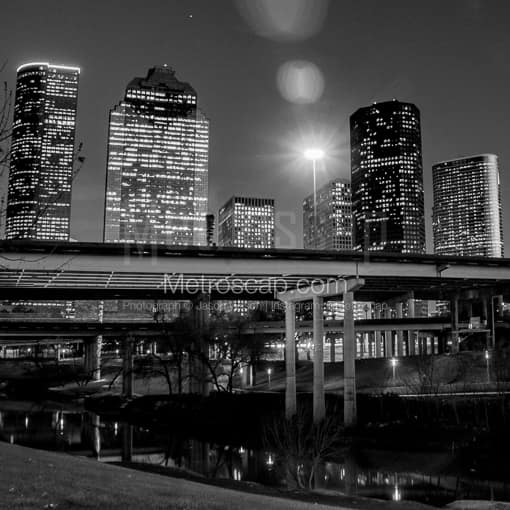 The Houston Skyline over Buffalo Bayou -- Houston Black and White Photography