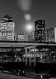 Vertical The Houston Skyline over Buffalo Bayou landscape black and white Photography