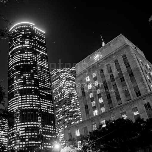 Houston Black and White Photography of The Shell Building and City Hall at Night The Shell Building and City Hall at Night -- Houston Black and White Photography