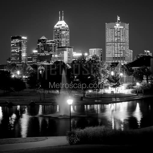 The Indianapolis Skyline from Canal Walk -- Indianapolis Black and White Photography