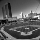 Square Victory Field and Indy Skyline black and white Photography