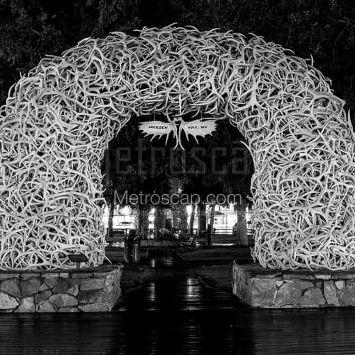 The Elk Antler Arch at Night -- Jackson Hole Black and White Photos
