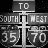 Square I-35 and I-70 Highway Signs black and white Photos