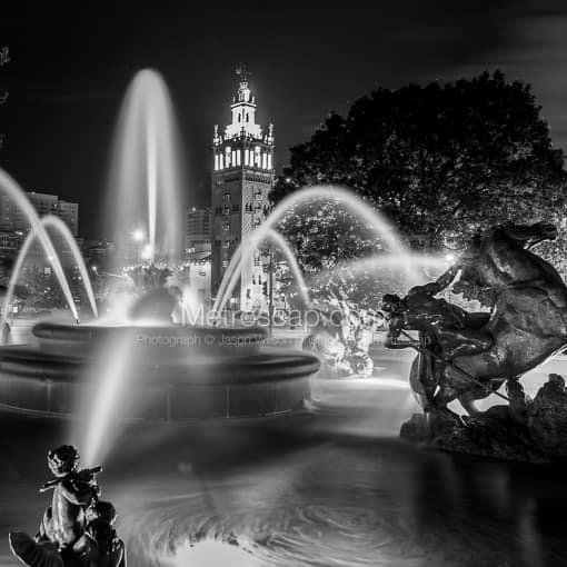 The JC Nichols Fountain at Night -- Kansas City Black and White Photos