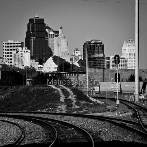 The Kansas City Skyline with RR Tracks -- Kansas City Black and White Photos