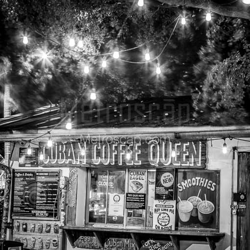 A Cuban Coffee Queen Stand at Night -- Key West Black and White Photography