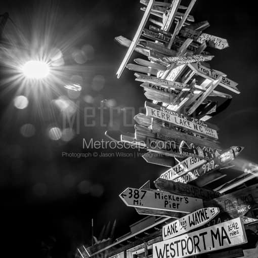 Mileage Sign Post at Night -- Key West Black and White Photography