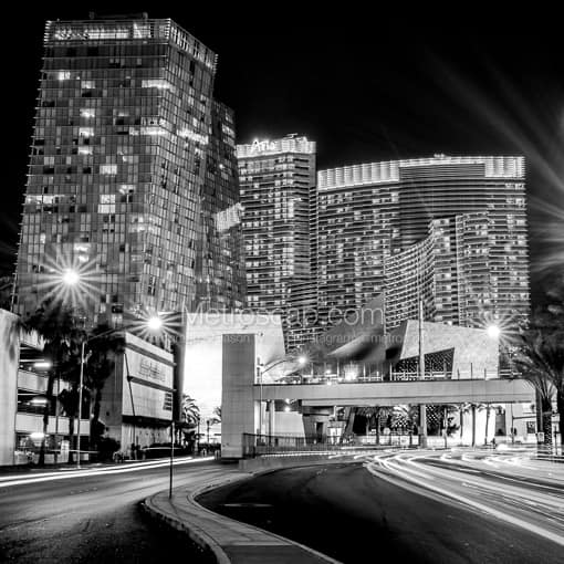 Matte Black WOOD Framed Black and White Las Vegas Photograph: Aria Resort and Casino at Night in a Square Matte Black Wood Frame
