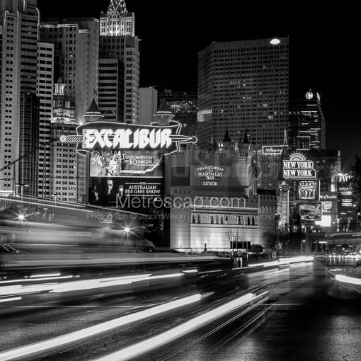 Las Vegas Black and White Photos of Looking North up the Las Vegas Strip at Excalibur Looking North up the Las Vegas Strip at Excalibur -- Las Vegas Black and White Photos