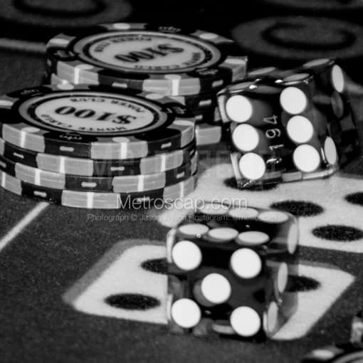 Matte Black WOOD Framed Black and White Las Vegas Photograph: Yo Eleven on the Craps Dice in a Square Matte Black Wood Frame