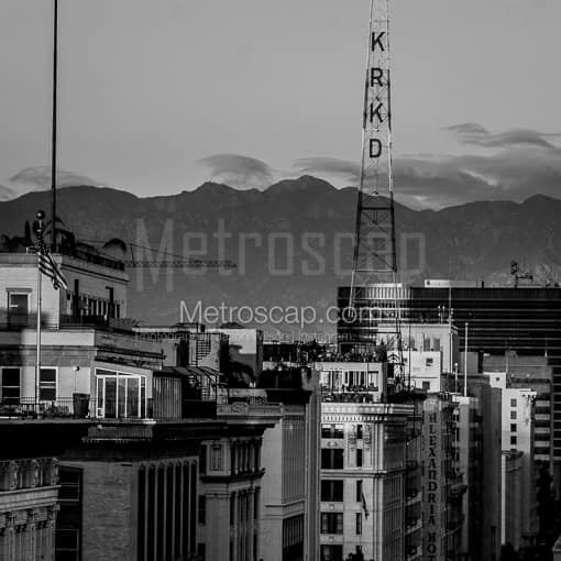 Los Angeles Black and White Photos of The San Gabriel Mountains Behind the KRKD Tower in Downtown Los Angeles The San Gabriel Mountains Behind the KRKD Tower in Downtown Los Angeles -- Los Angeles Black and White Photos