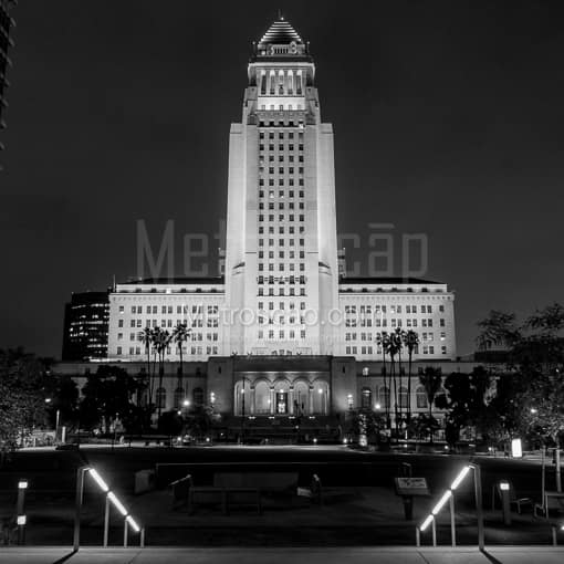 LA City Hall at Night -- Los Angeles Black and White Photos
