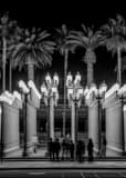 Vertical LACMA Lamps at Night landscape black and white Photography