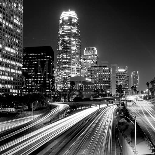 Downtown LA at Night from Fourth Street -- Los Angeles Black and White Photos