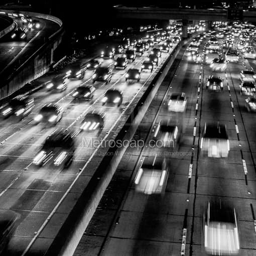 Downtown Los Angeles Traffic at Night -- Los Angeles Black and White Photos