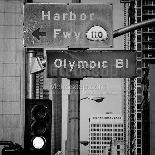 Los Angeles Black and White Photos of The Harbor Freeway and Olympic Boulevard Signs The Harbor Freeway and Olympic Boulevard Signs -- Los Angeles Black and White Photos