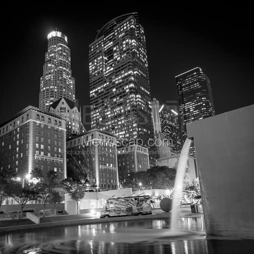 Pershing Square and LA Skyline at Night -- Los Angeles Black and White Photos