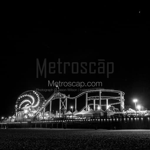 The Santa Monica Pier Ferris Wheel at Night. -- Los Angeles Black and White Photos