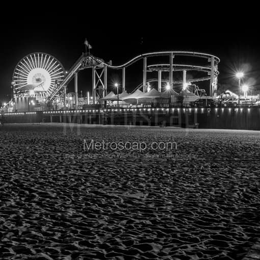 Pacific Park on Santa Monica Pier at Night -- Los Angeles Black and White Photos