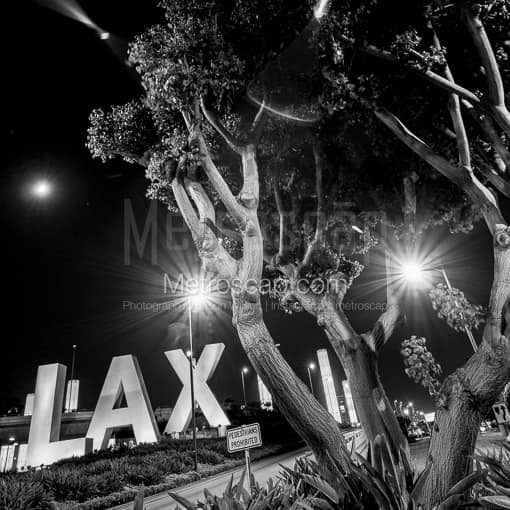 LAX Sign at Night -- Los Angeles Black and White Photos