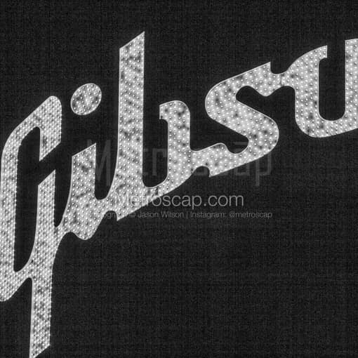 Close-up Shot of the Gibson Sign -- Memphis Black and White Photography
