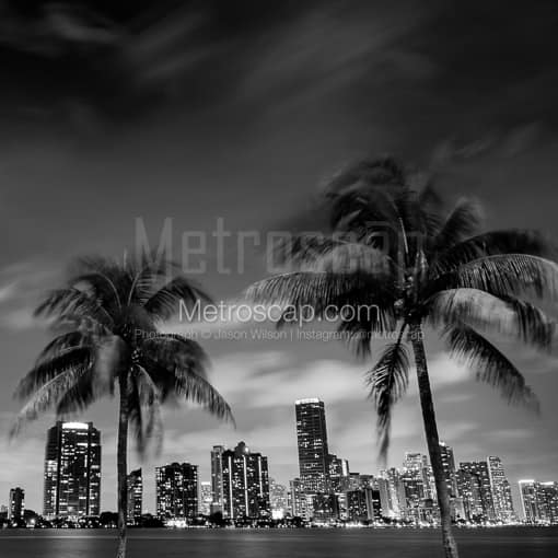 The Downtown Miami Skyline at Night from Rickenbacker Causeway -- Miami Black and White Photos