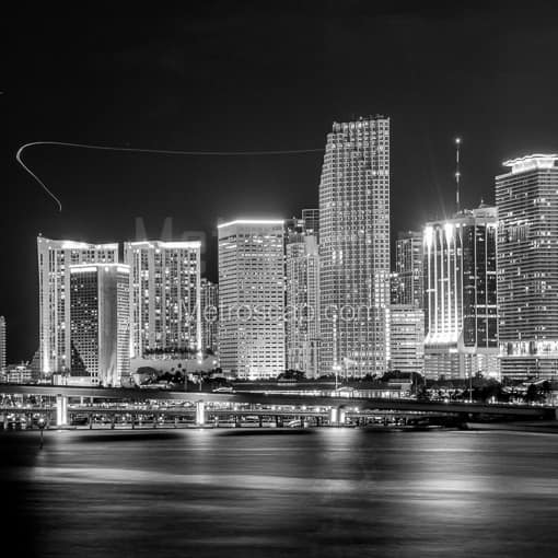 The Downtown Miami Skyline at Night with Helicopters -- Miami Black and White Photos