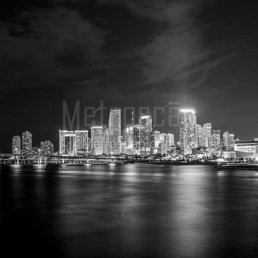 The Miami Skyline at Night from the MacArthur Causeway -- Miami Black and White Photos