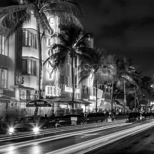 Ocean Drive on Miami Beach at Night -- Miami Black and White Photos