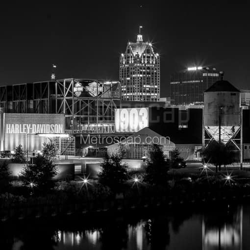 The Harley-Davidson Museum and Milwaukee Skyline -- Milwaukee Black and White Photos