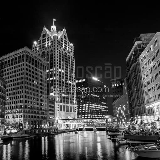 The Milwaukee Riverwalk featuring the 100 E. Wisconsin Building -- Milwaukee Black and White Photos