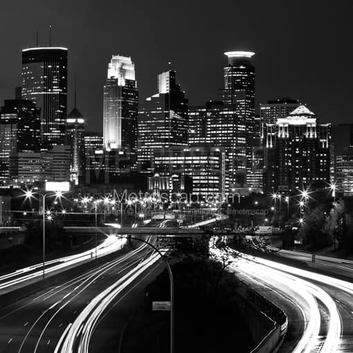 Downtown Minneapolis Skyline at Night over 35W -- Minneapolis Black and White Photography