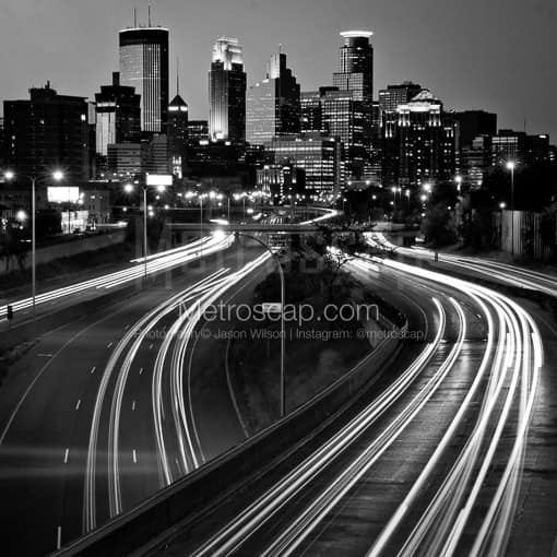 The Minneapolis Skyline at Dusk over 35W -- Minneapolis Black and White Photography