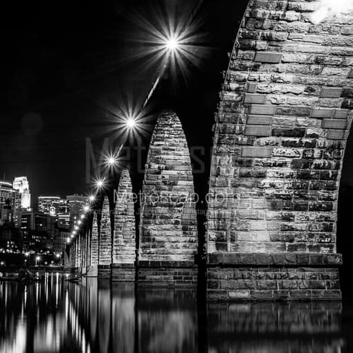The Stone Arch Bridge at Night -- Minneapolis Black and White Photography