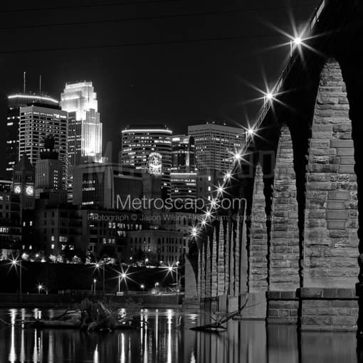 The Stone Arch Bridge and Minneapolis Skyline -- Minneapolis Black and White Photography