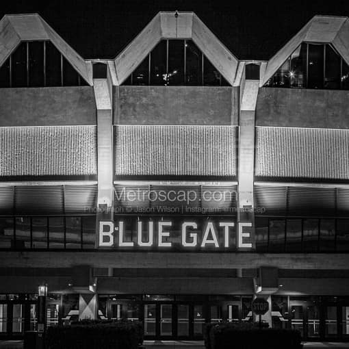 WVU Coliseum Blue Gate at Night -- Morgantown WV Black and White Photos