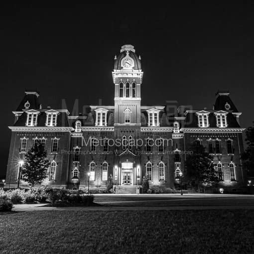 WVU Woodburn Hall at Night -- Morgantown WV Black and White Photos