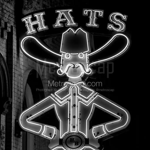 Nashville Black and White Photographs of The Top Half of the Hats and Boots Neon Sign The Top Half of the Hats and Boots Neon Sign -- Nashville Black and White Photographs