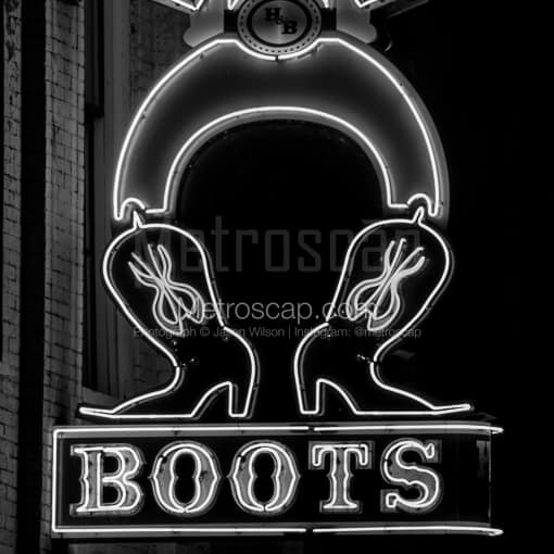 Nashville Black and White Photography of The Bottom of the Hats and Boots Neon Sign The Bottom of the Hats and Boots Neon Sign -- Nashville Black and White Photography