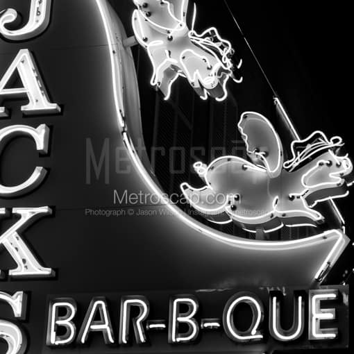 Flying Pigs on Jacks Bar-B-Que Neon Sign -- Nashville Black and White Photography