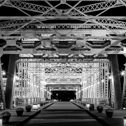 The Music City Bikeway Bridge at Night -- Nashville Black and White Photography