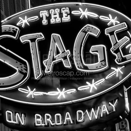 The Neon Sign of The Stage on Broadway -- Nashville Black and White Photography